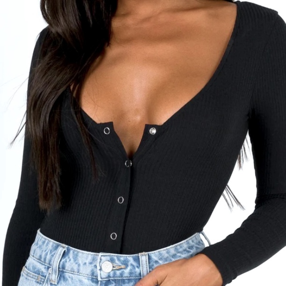Princess Polly Black Ribbed Long Sleeve Bodysuit